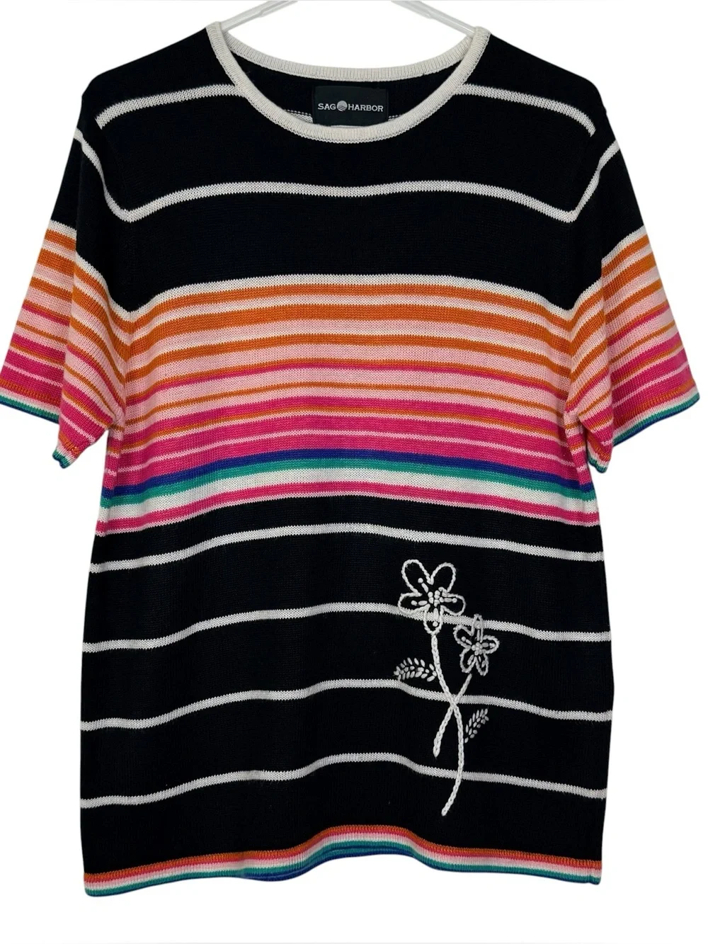 Sag Harbor Rainbow Stripe Floral Embroidered Knit Sweater Top Large